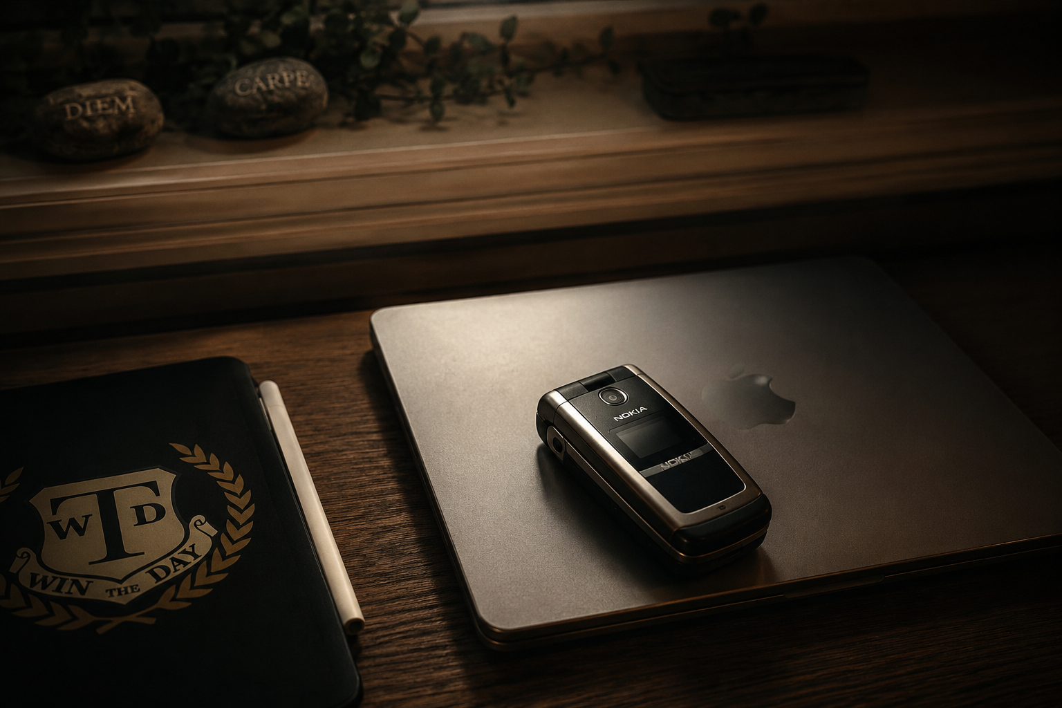 A Nokia flip phone resting on a closed MacBook beside a Win the Day journal.