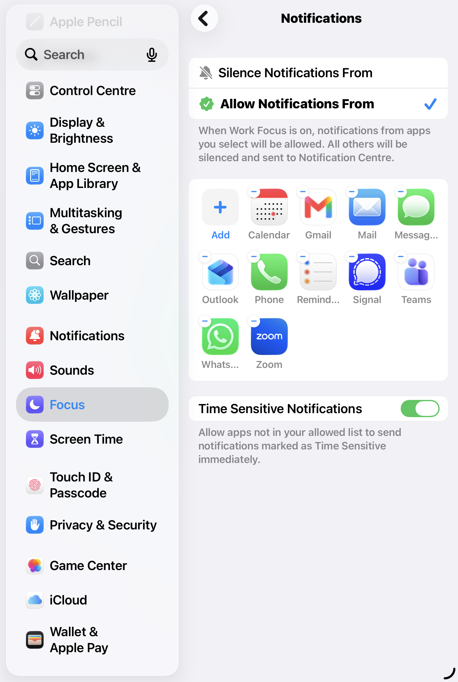 Notifications screen: Allow Notifications From selected, showing a short allow-list with Time Sensitive Notifications enabled.