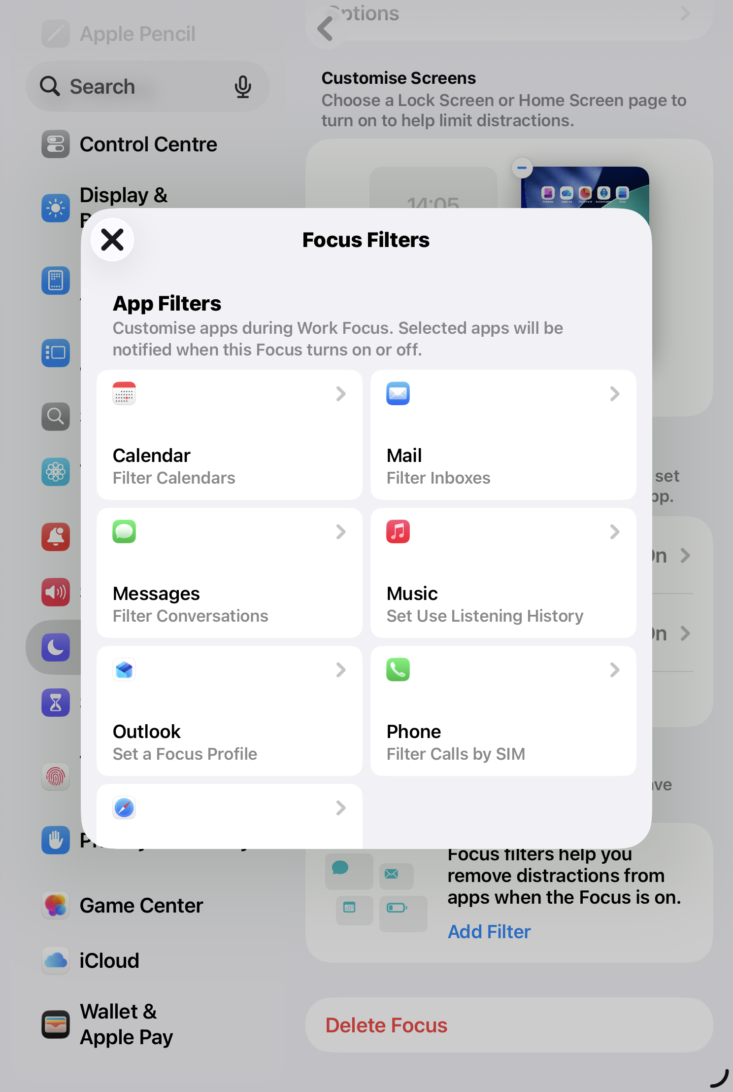 The Focus Filters app list — Calendar, Mail, Messages and others can be trimmed to show less while the Focus is on.