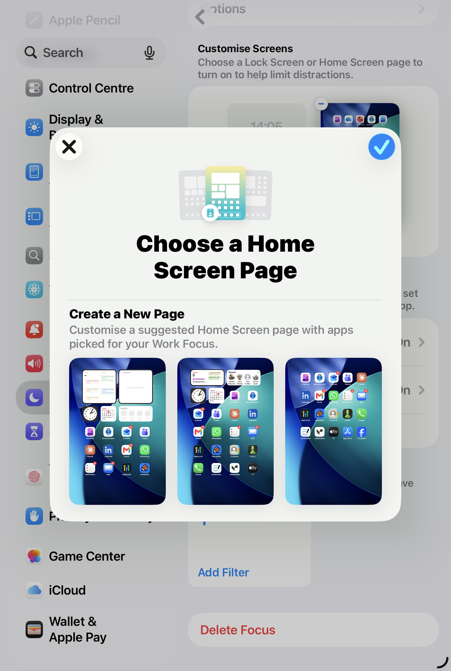 Choosing a Home Screen page for the Work Focus — a stripped layout with only the tools of deep work.