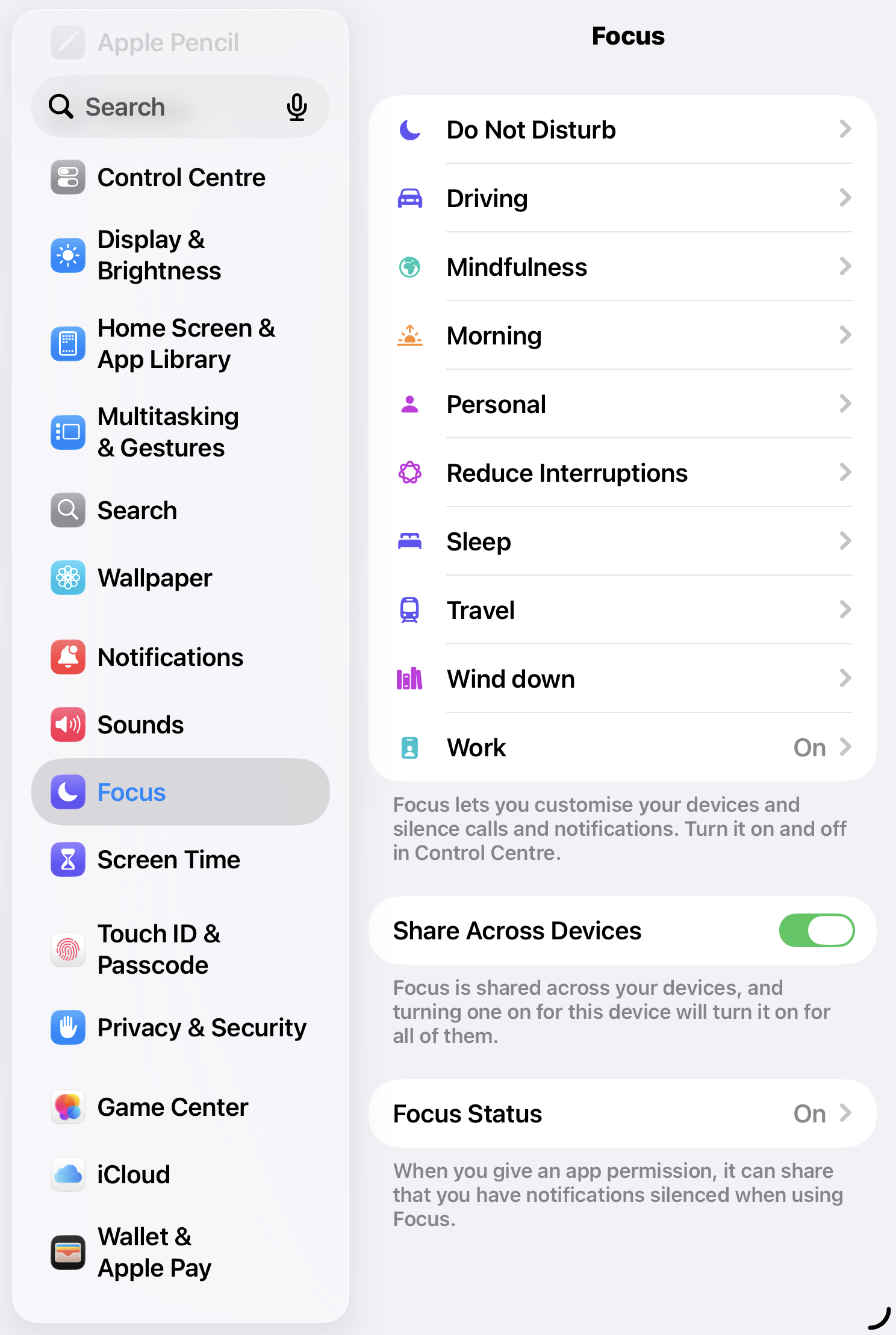 iOS Settings showing the Focus screen — Reduce Interruptions in the list, Share Across Devices toggled on at the foot.