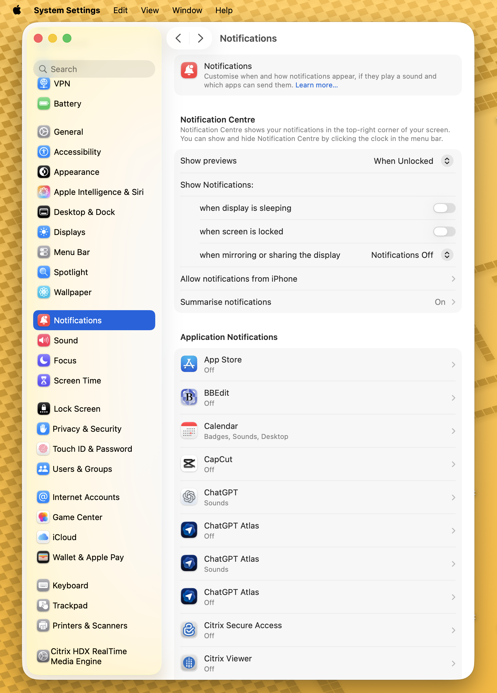 macOS System Settings → Notifications, where you schedule Do Not Disturb and manage which apps can interrupt you.