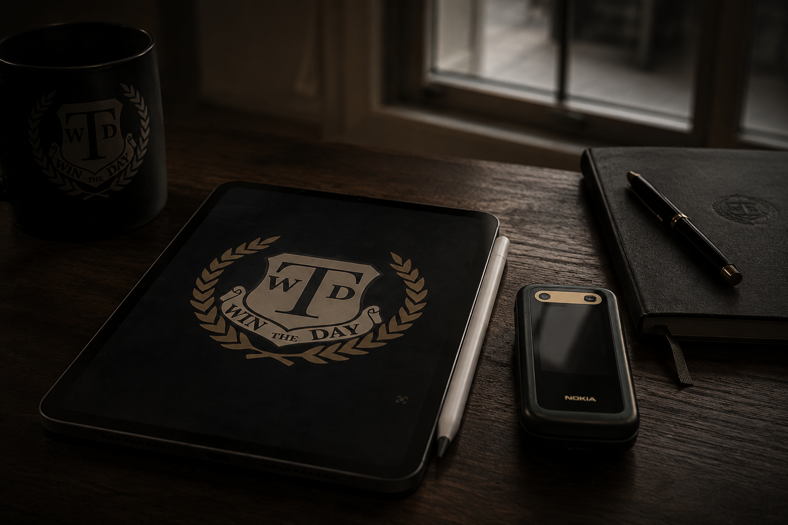 The actual setup: an iPad mini with the Win the Day crest on screen, a Nokia flip phone, a WTD notebook and mug on a desk.