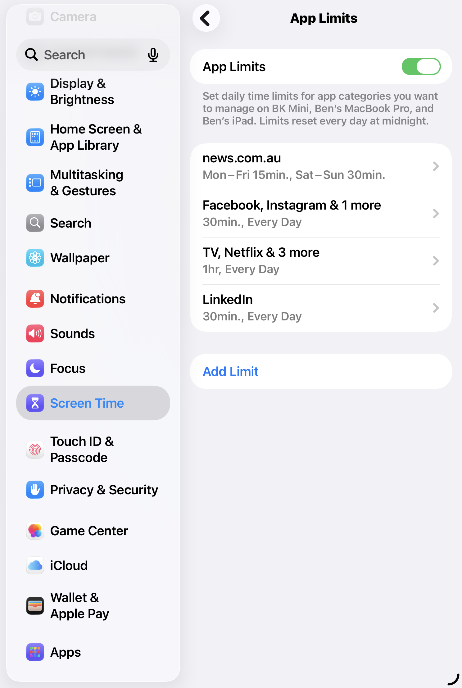 Screen Time → App Limits showing daily time limits set for news, social media, streaming and LinkedIn.