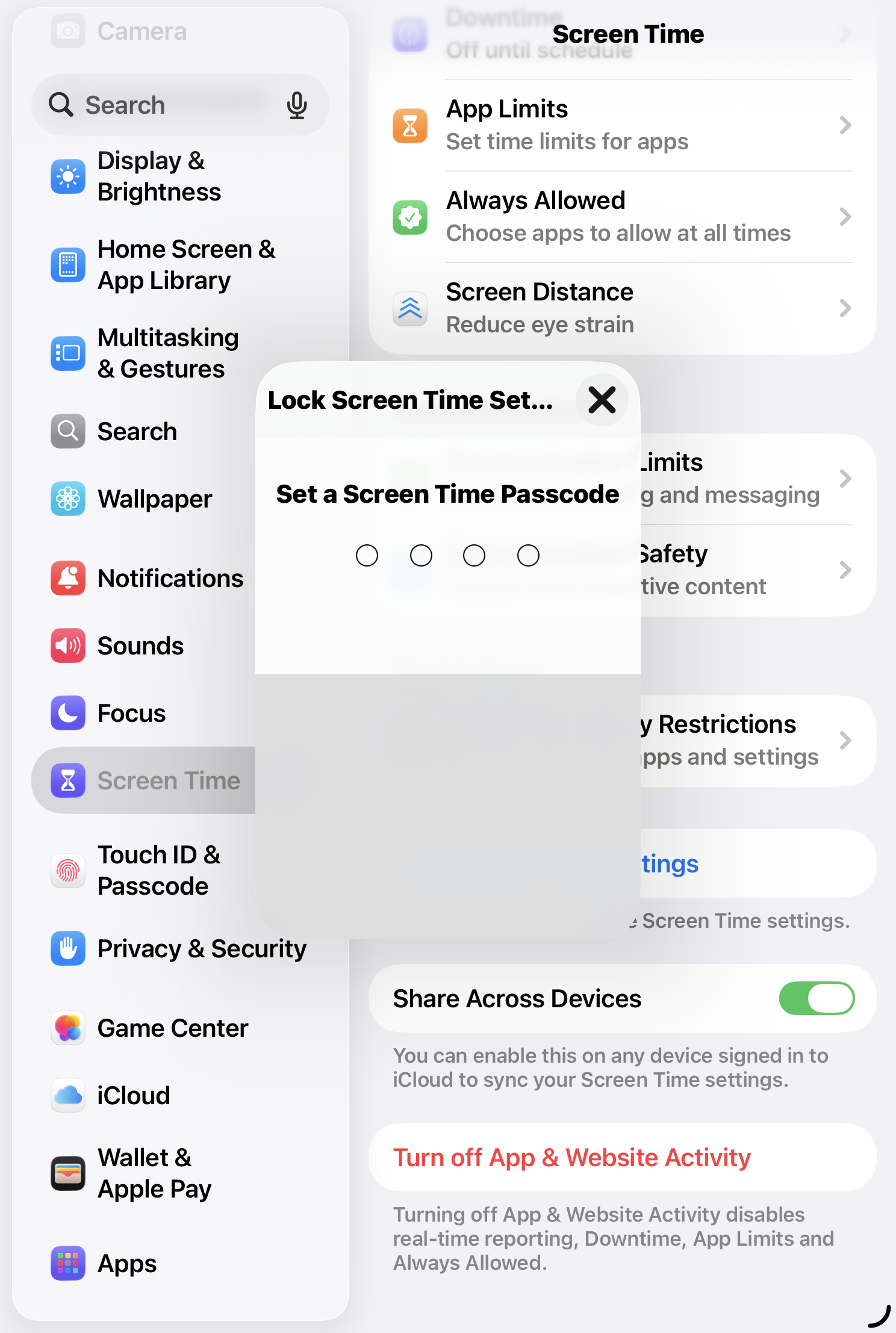 Screen Time settings with the Set a Screen Time Passcode modal open.