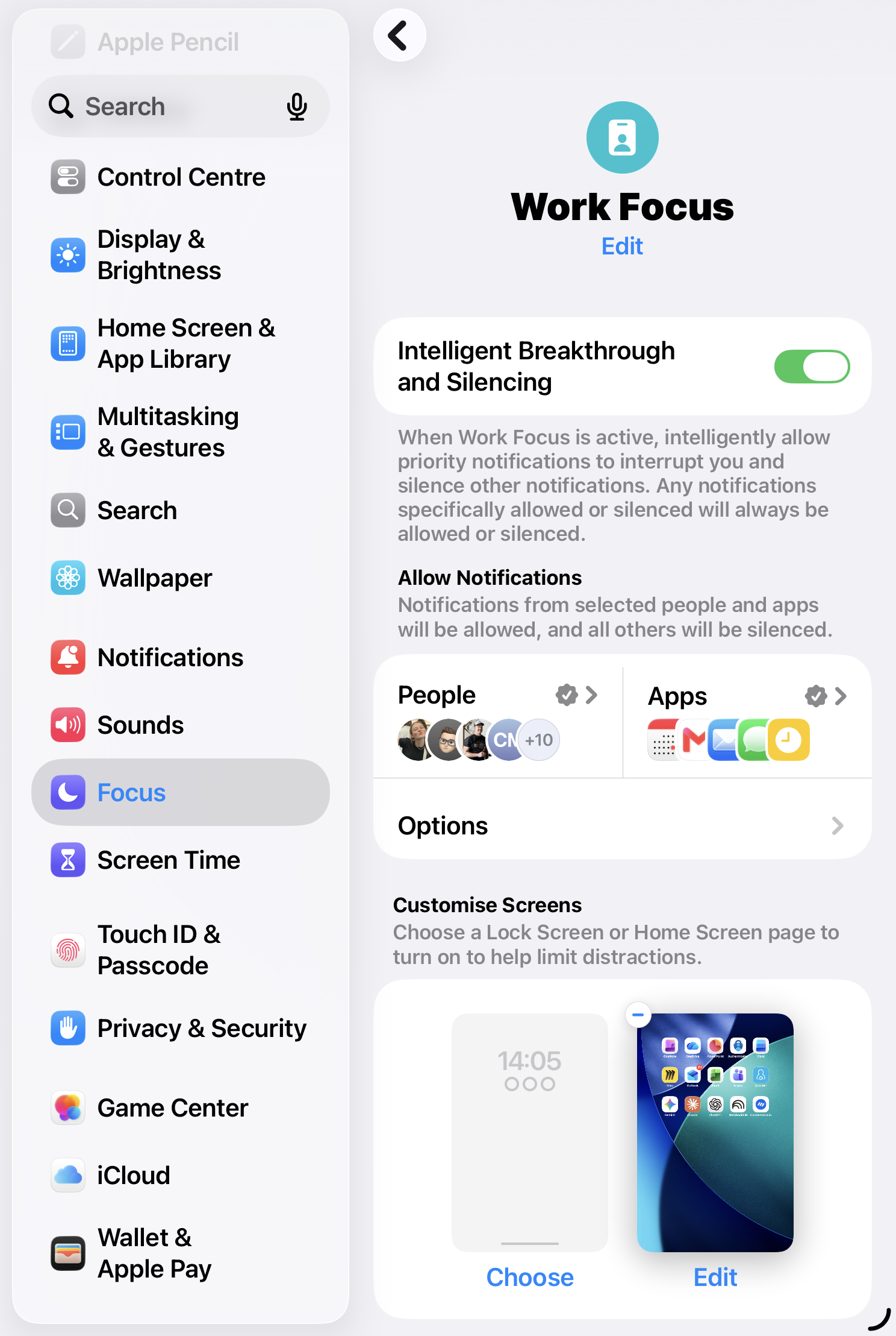 The Work Focus configuration screen with Intelligent Breakthrough and Silencing toggled on, People and Apps allow-lists below.