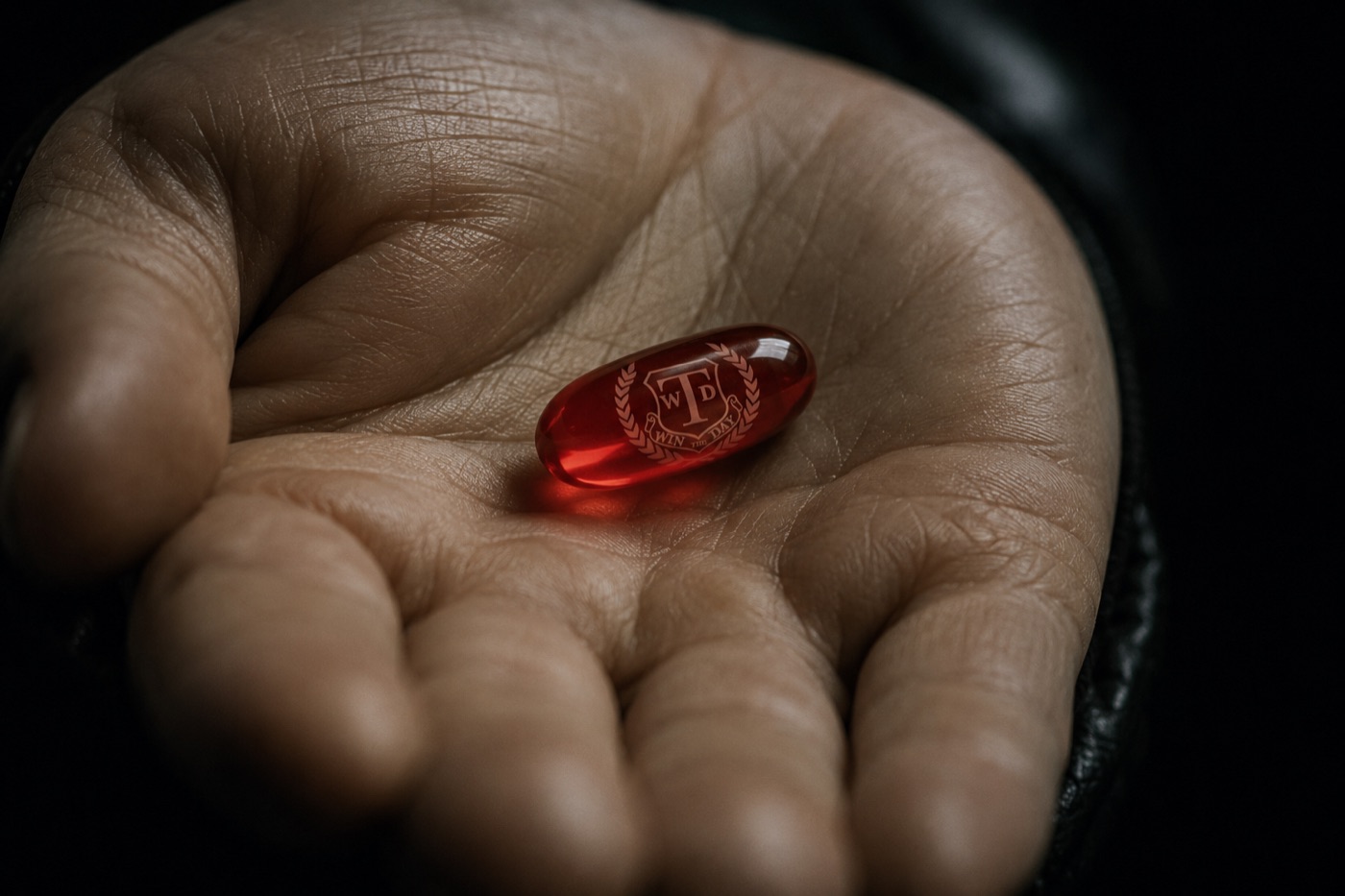 A red pill engraved with the Win the Day crest, resting in an open palm